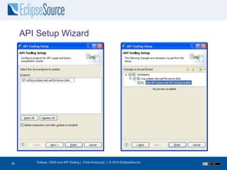API Setup Wizard




38
38       Eclipse, OSGi and API Tooling | Chris Aniszczyk | © 2010 EclipseSource
 