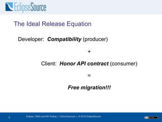 The Ideal Release Equation

     Developer: Compatibility (producer)

                                                                 +

                     Client: Honor API contract (consumer)

                                                                 =

                                              Free migration!!!




6
5       Eclipse, OSGi and API Tooling | Chris Aniszczyk | © 2010 EclipseSource
 