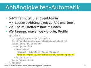 Abhängigkeiten-Automatik
  JobTimer nutzt u.a. EventAdmin
   => Laufzeit-Abhängigkeit zu API und Impl.
  Ziel: beim Plat...