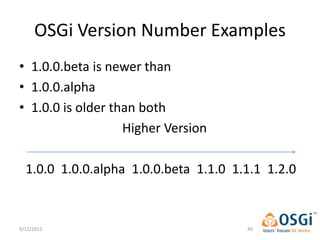 OSGi Version Number Examples
• 1.0.0.beta is newer than
• 1.0.0.alpha
• 1.0.0 is older than both
                   Higher Version

  1.0.0 1.0.0.alpha 1.0.0.beta 1.1.0 1.1.1 1.2.0



9/12/2012                              40
 