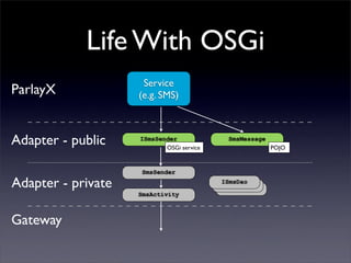 Life With OSGi
                     Service
ParlayX             (e.g. SMS)



Adapter - public    ISmsSender
                           OSGi service
                                           SmsMessage
                                                        POJO


                     SmsSender

Adapter - private                         ISmsDao
                                           ISmsDao
                                            ISmsDao
                    SmsActivity



Gateway
 