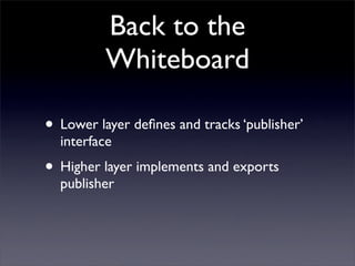 Back to the
          Whiteboard

• Lower layer deﬁnes and tracks ‘publisher’
  interface
• Higher layer implements and exports
  publisher
 