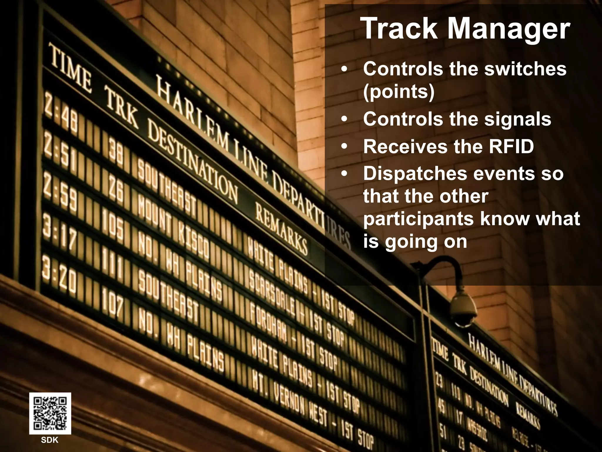 November 2015OSGi IoT Demo & Contest 2015 © 2008-2015 OSGi Alliance. All Rights Reserved12
Track Manager
• Track Manager:
• controls the switches
(points)
• controls the signals
• receives the RFID
• dispatches events so that
the other participants
know what is going on
SDK
Track Manager
SDK
• Controls the switches
(points)
• Controls the signals
• Receives the RFID
• Dispatches events so
that the other
participants know what
is going on
 