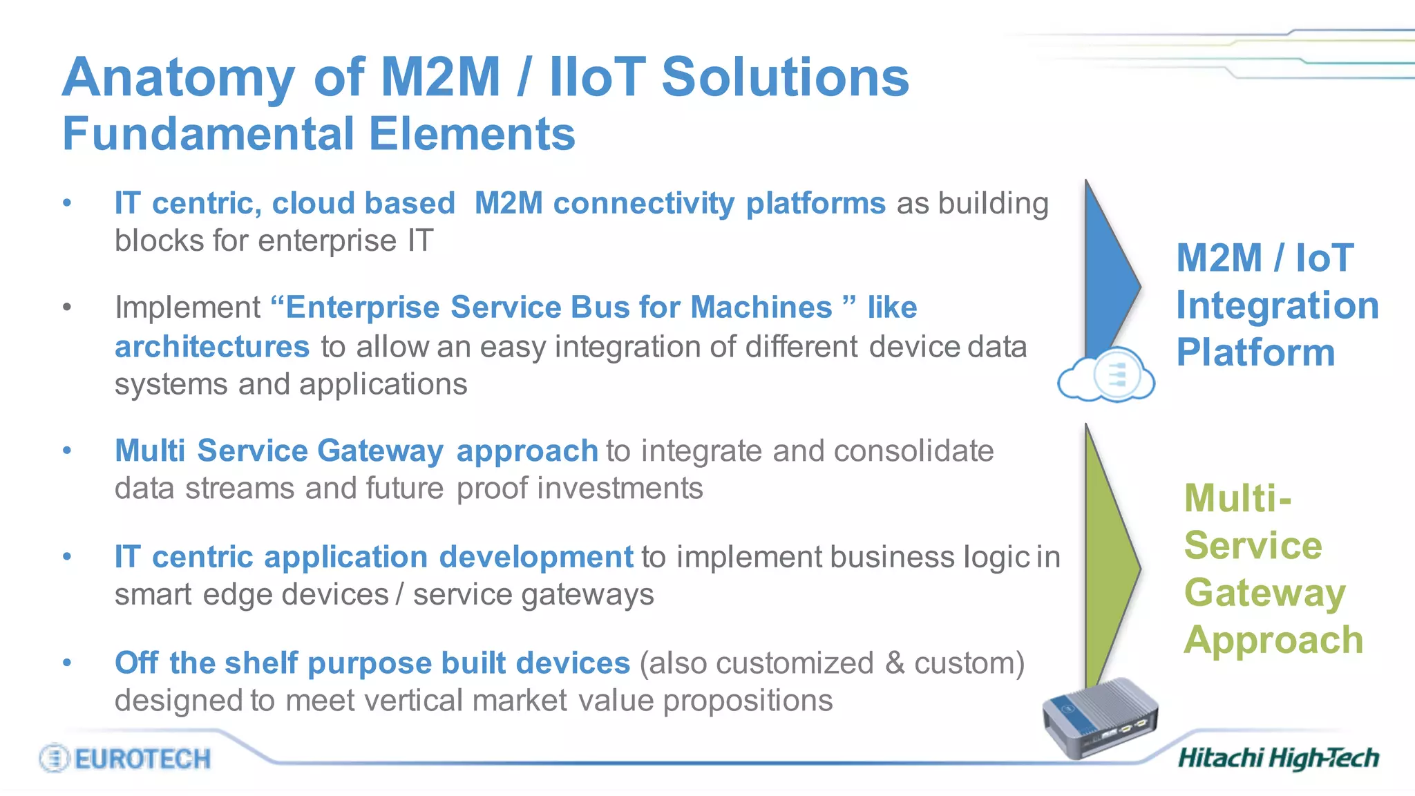 Anatomy of M2M / IIoT Solutions
• IT centric, cloud based M2M connectivity platforms as building
blocks for enterprise IT
• Implement “Enterprise Service Bus for Machines ” like
architectures to allow an easy integration of different device data
systems and applications
• Multi Service Gateway approach to integrate and consolidate
data streams and future proof investments
• IT centric application development to implement business logic in
smart edge devices / service gateways
• Off the shelf purpose built devices (also customized & custom)
designed to meet vertical market value propositions
Fundamental Elements
M2M / IoT
Integration
Platform
Multi-
Service
Gateway
Approach
 