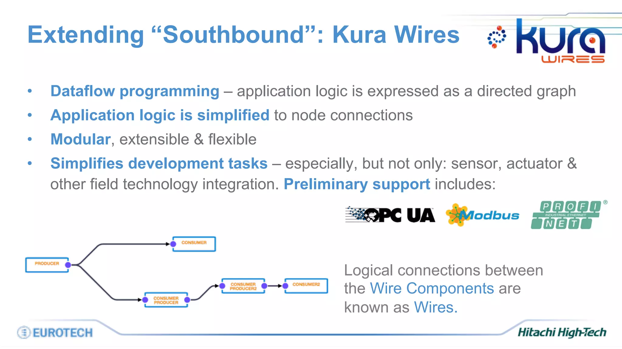 Extending “Southbound”: Kura Wires
• Dataflow programming – application logic is expressed as a directed graph
• Application logic is simplified to node connections
• Modular, extensible & flexible
• Simplifies development tasks – especially, but not only: sensor, actuator &
other field technology integration. Preliminary support includes:
Logical connections between
the Wire Components are
known as Wires.
 