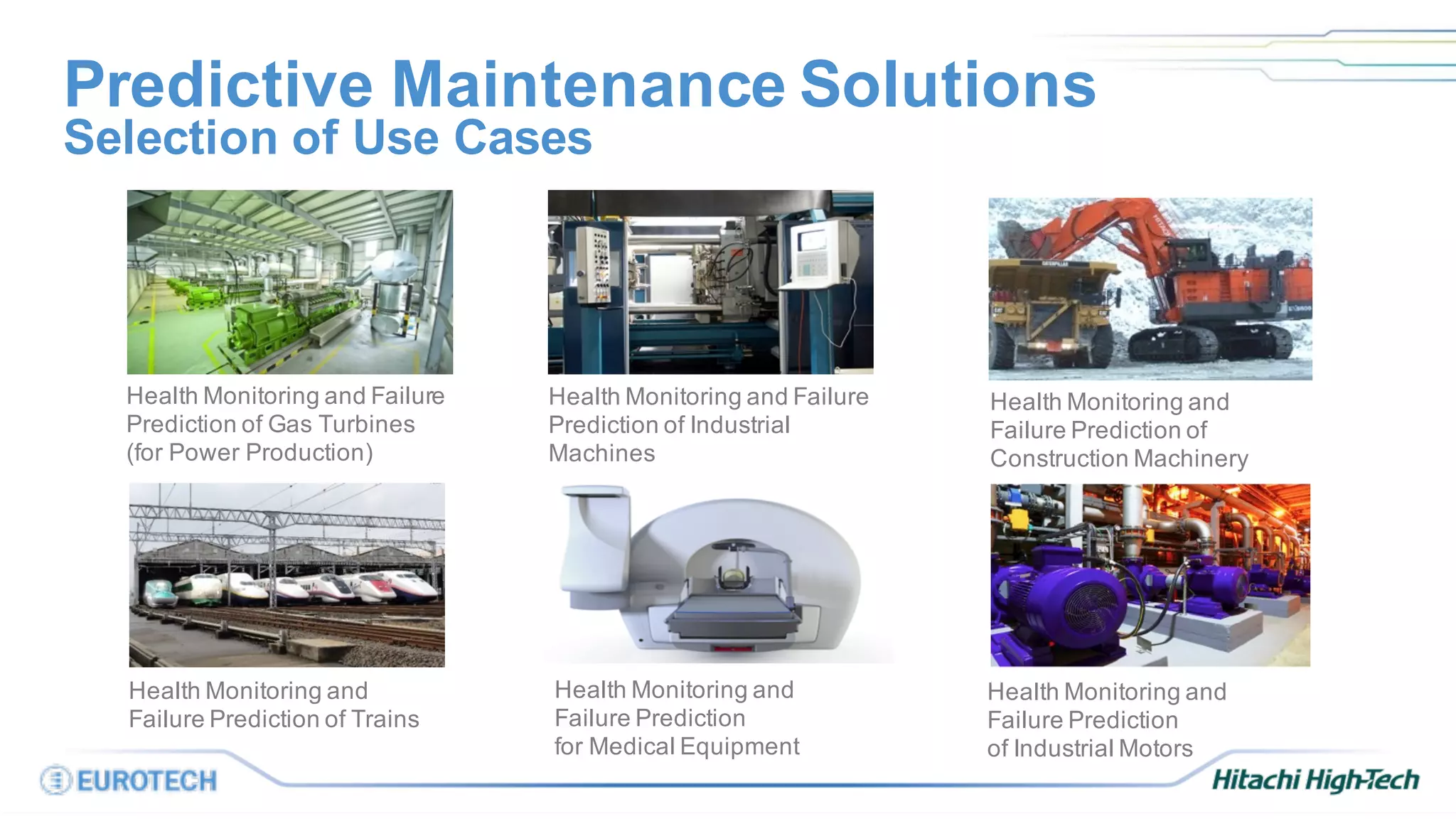 Predictive Maintenance Solutions
Selection of Use Cases
Health Monitoring and
Failure Prediction
for Medical Equipment
Health Monitoring and Failure
Prediction of Industrial
Machines
Health Monitoring and Failure
Prediction of Gas Turbines
(for Power Production)
Health Monitoring and
Failure Prediction
of Industrial Motors
Health Monitoring and
Failure Prediction of
Construction Machinery
Health Monitoring and
Failure Prediction of Trains
 