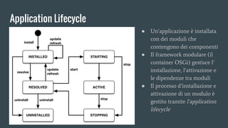 Application Lifecycle
● Un’applicazione è installata
con dei moduli che
contengono dei componenti
● Il framework modulare (il
container OSGi) gestisce l’
installazione, l’attivazione e
le dipendenze tra moduli
● Il processo d’installazione e
attivazione di un modulo è
gestito tramite l’application
lifecycle
 