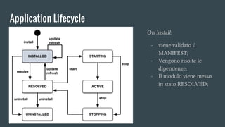 Application Lifecycle
On install:
- viene validato il
MANIFEST;
- Vengono risolte le
dipendenze;
- Il modulo viene messo
in stato RESOLVED;
 