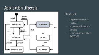 Application Lifecycle
On started:
- l’applicazione può
partire;
- si possono invocare i
servizi;
- il modulo va in stato
ACTIVE.
 