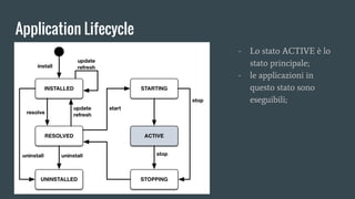 Application Lifecycle
- Lo stato ACTIVE è lo
stato principale;
- le applicazioni in
questo stato sono
eseguibili;
 