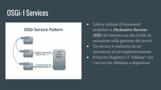 OSGi: I Services
● Liferay utilizza il framework
modulare a Declarative Services
(DS) che fornisce un alto livello di
astrazione nella gestione dei servizi
● Un service è costituito da un’
interfaccia ed un’implementazione
● Il Service Registry è il “faldone” con
i servizi che abbiamo a disposione
 