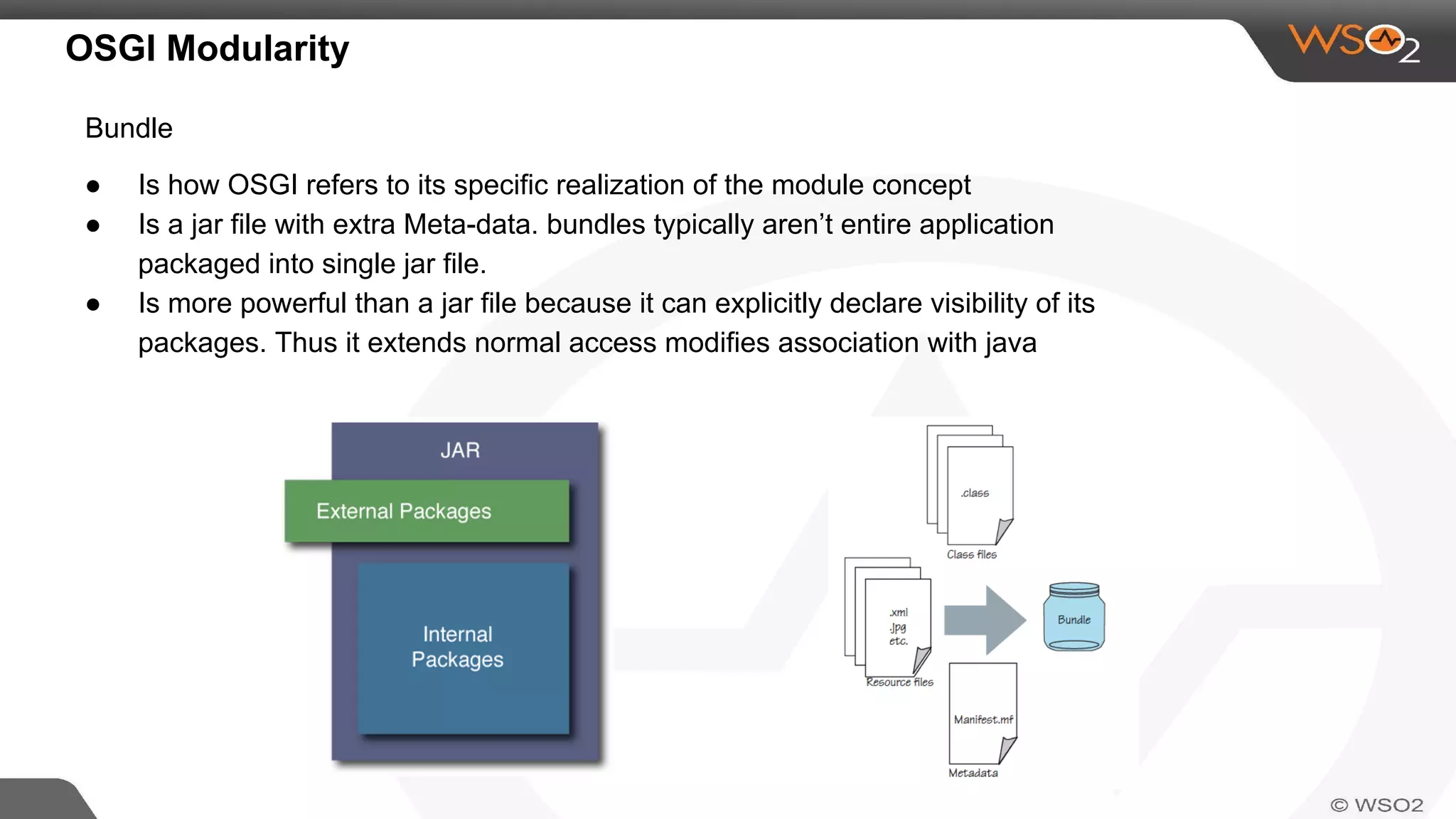 OSGI Modularity
● Is how OSGI refers to its specific realization of the module concept
● Is a jar file with extra Meta-data. bundles typically aren’t entire application
packaged into single jar file.
● Is more powerful than a jar file because it can explicitly declare visibility of its
packages. Thus it extends normal access modifies association with java
Bundle
 