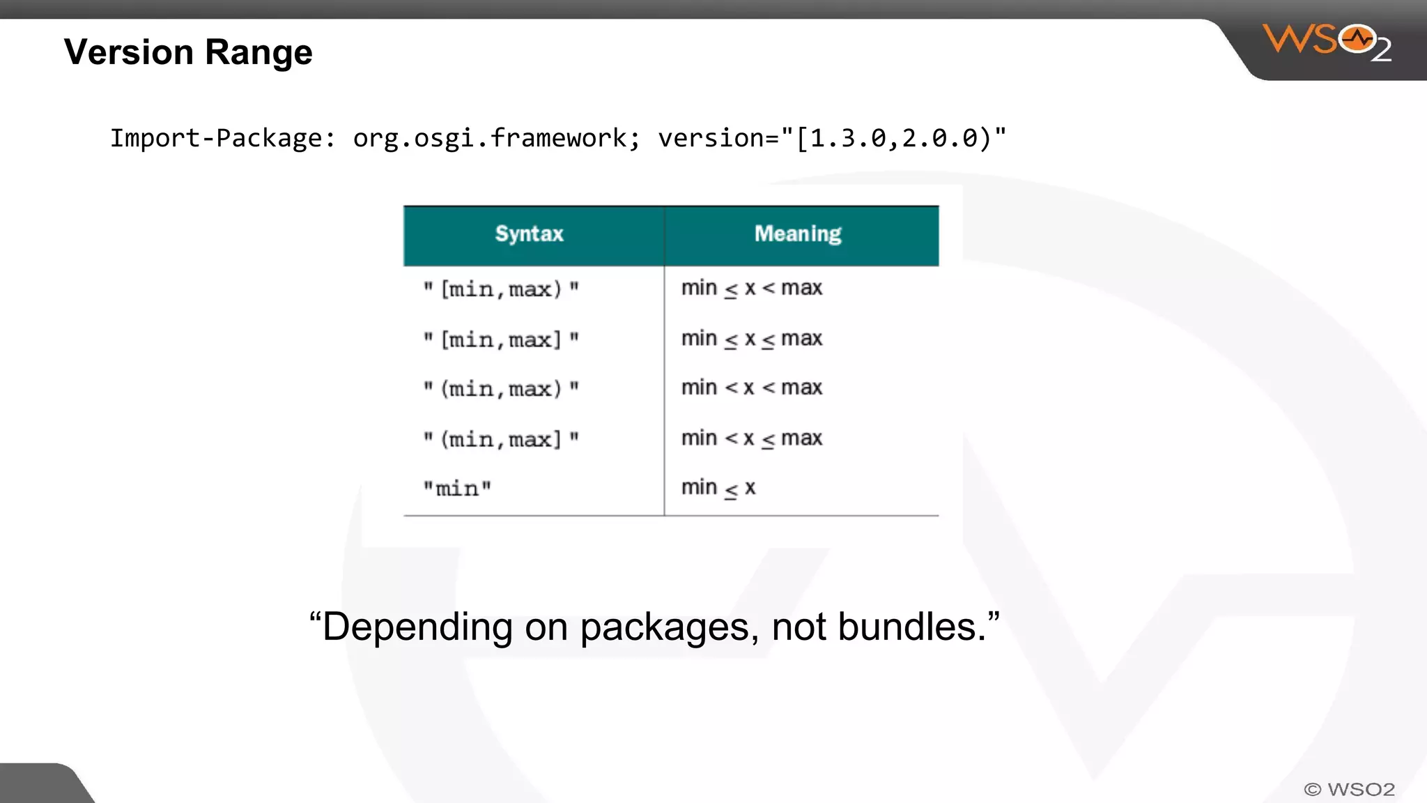 Version Range
Import-Package: org.osgi.framework; version="[1.3.0,2.0.0)"
“Depending on packages, not bundles.”
 