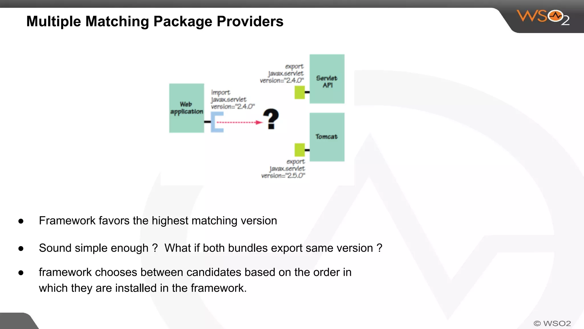 Multiple Matching Package Providers
● Framework favors the highest matching version
● Sound simple enough ? What if both bundles export same version ?
● framework chooses between candidates based on the order in
which they are installed in the framework.
 