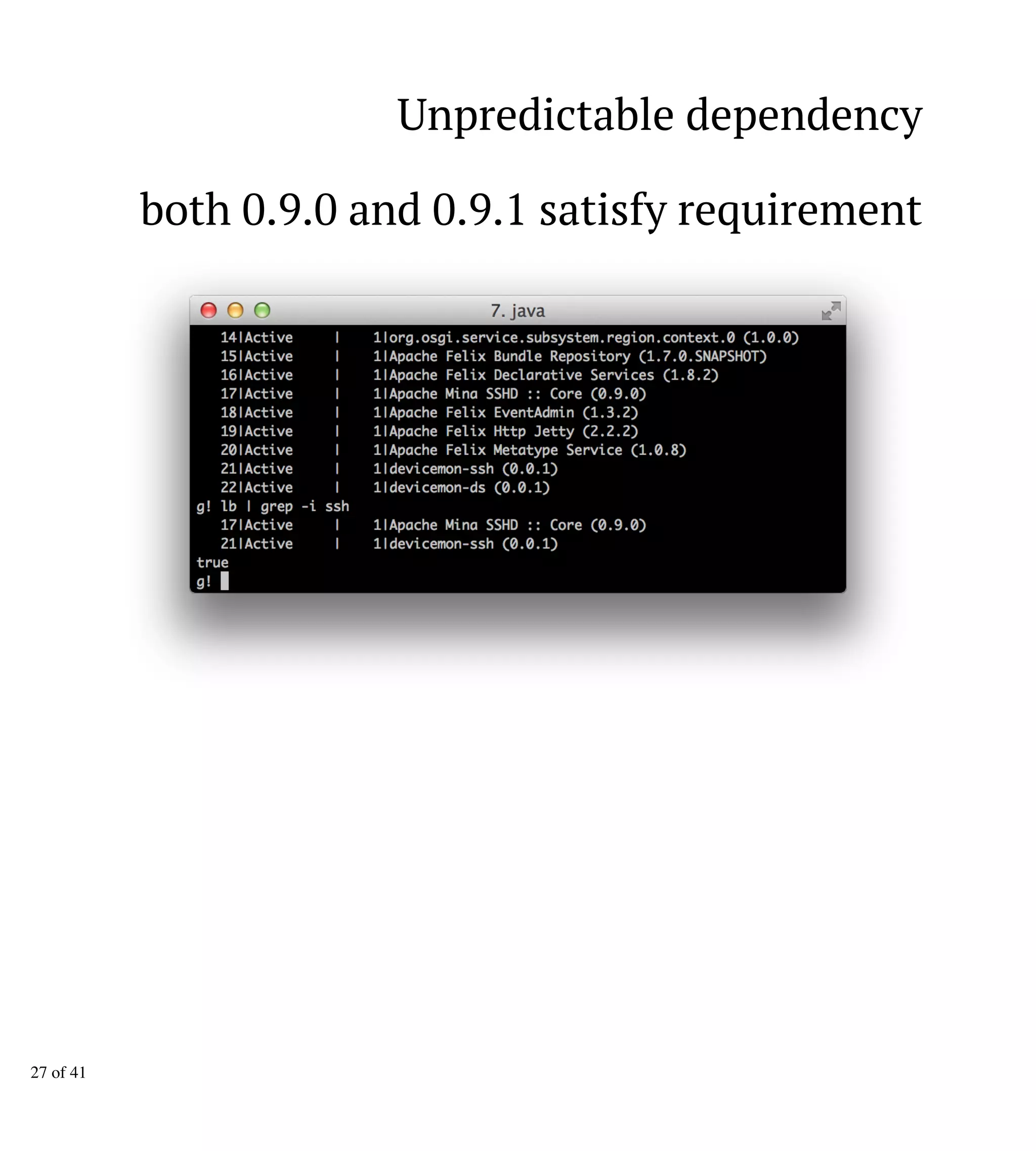 Unpredictable dependency
both 0.9.0 and 0.9.1 satisfy requirement
27 of 41
 