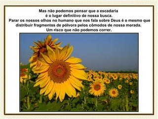 Mas não podemos pensar que a escadaria
                    é o lugar definitivo de nossa busca.
Parar os nossos olhos no humano que nos fala sobre Deus é o mesmo que
   distribuir fragmentos de pólvora pelos cômodos de nossa morada.
                    Um risco que não podemos correr.
 