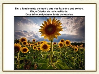 Ele, o fundamento de tudo o que nos faz ser o que somos.
             Ele, o Criador de toda realidade.
          Deus trino, onipotente, fonte de toda luz.
 