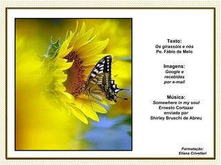 Texto:
  Os girassóis e nós
  Pe. Fábio de Melo


      Imagens:
      Google e
      recebidas
      por e-mail


       Música:
 Somewhere in my soul
    Ernesto Cortazar
       enviada por
Shirley Bruschi de Abreu




              Formatação:
             Eliana Crivellari
 