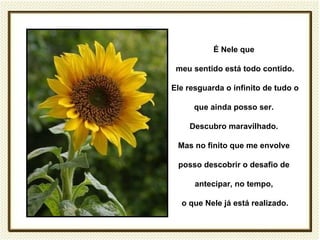 É Nele que

 meu sentido está todo contido.

Ele resguarda o infinito de tudo o

      que ainda posso ser.

    Descubro maravilhado.

 Mas no finito que me envolve

 posso descobrir o desafio de

      antecipar, no tempo,

  o que Nele já está realizado.
 