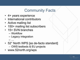 Community Facts
•   4+ years experience
•   International contributors
•   Active mailing list
•   150+ mailing list subsc...
