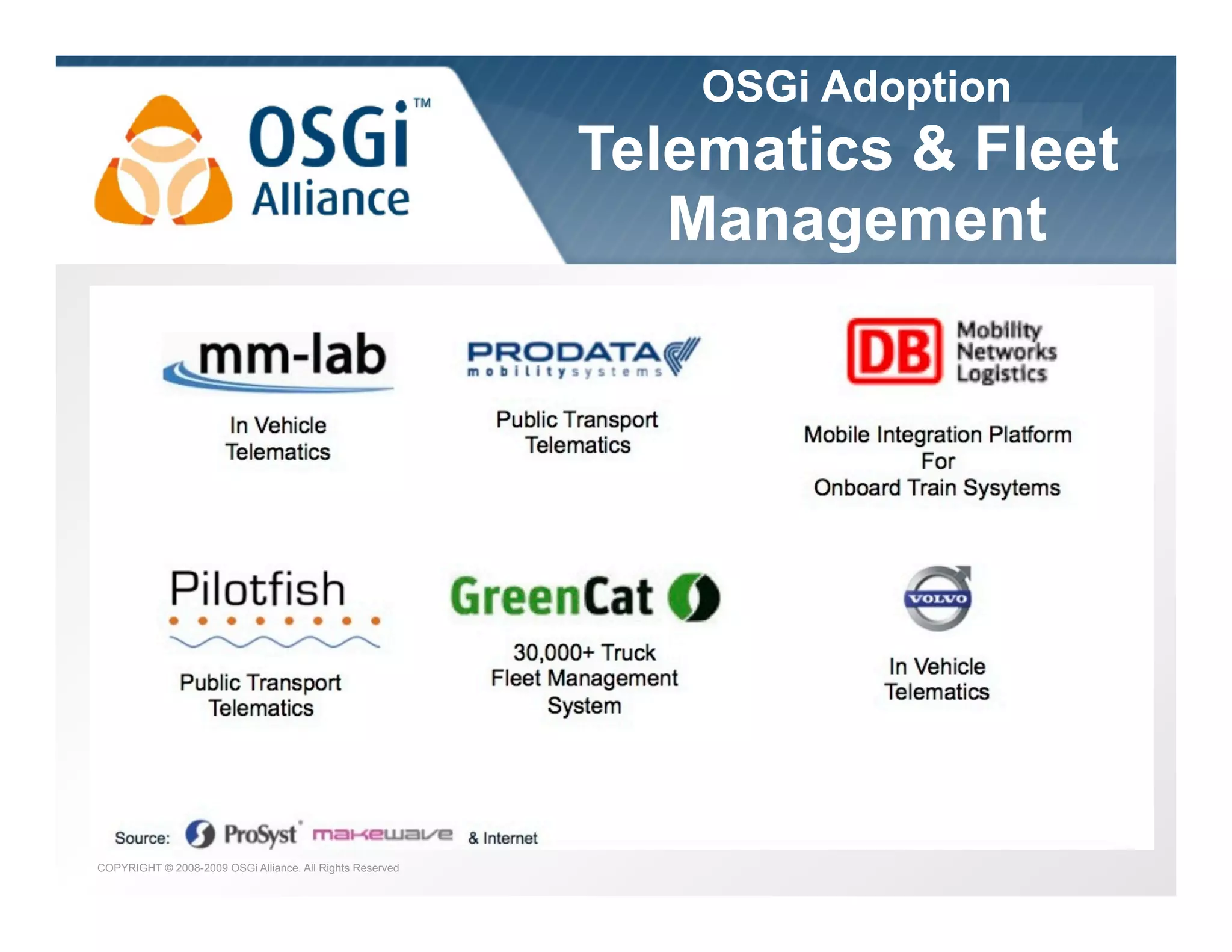 OSGi Adoption

the dynamic module system for Java

Telematics & Fleet
Management

COPYRIGHT © 2008-2009 OSGi Alliance. All Rights Reserved

 