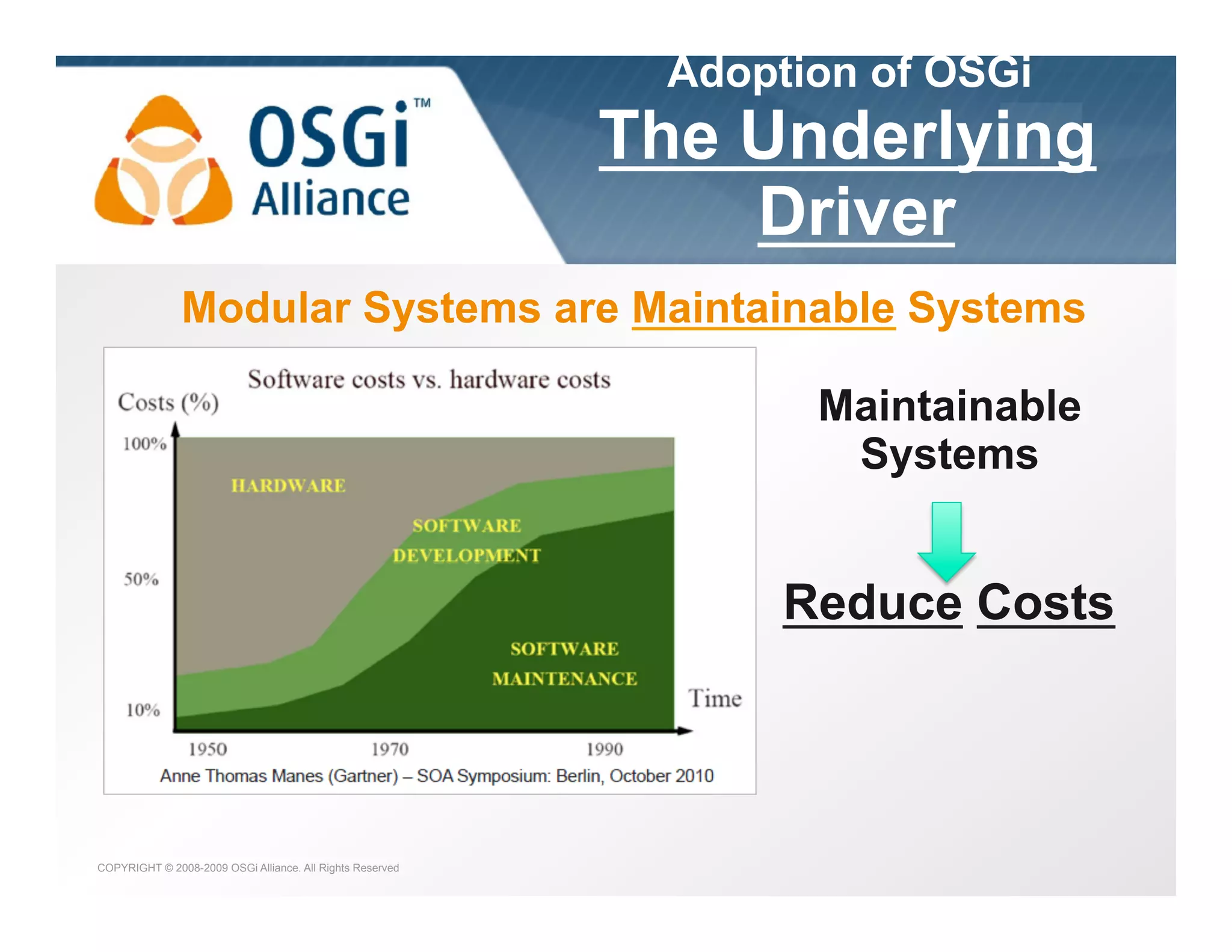 Adoption of OSGi

The Underlying
Driver

the dynamic module system for Java

Modular Systems are Maintainable Systems
Maintainable
Systems

Reduce Costs

COPYRIGHT © 2008-2009 OSGi Alliance. All Rights Reserved

 