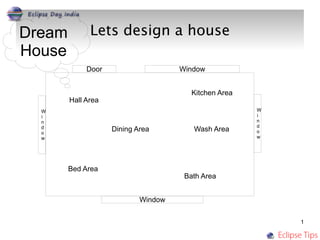 Dream         Lets design a house
House
             Door                    Window


                                        Kitchen Area
        Hall Area
  W                                                    W
  i                                                    i
  n                                                    n
  d                                                    d
  o
                    Dining Area         Wash Area      o
  w                                                    w




        Bed Area
                                      Bath Area


                            Window

                                                           1
 