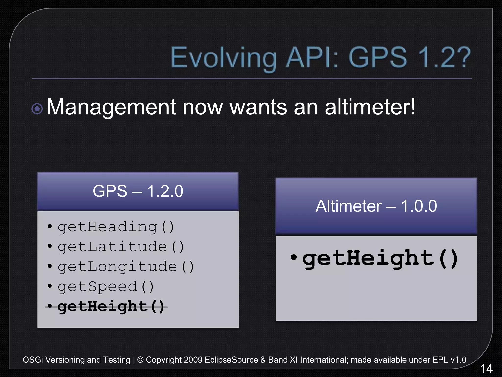 Commons Collections !@#$18OSGi Versioning and Testing | © Copyright 2009 EclipseSource & Band XI International; made available under EPL v1.0“Commons collections 3.0 is binary compatible with version 2.1 and 2.0 except for certain methods on one class . As the release was a major version, this is permitted, however it was unintentional and an error… the chosen solution is to provide a work around by releasing v2.1.1 and v3.1.”http://commons.apache.org/collections/compatibility.html