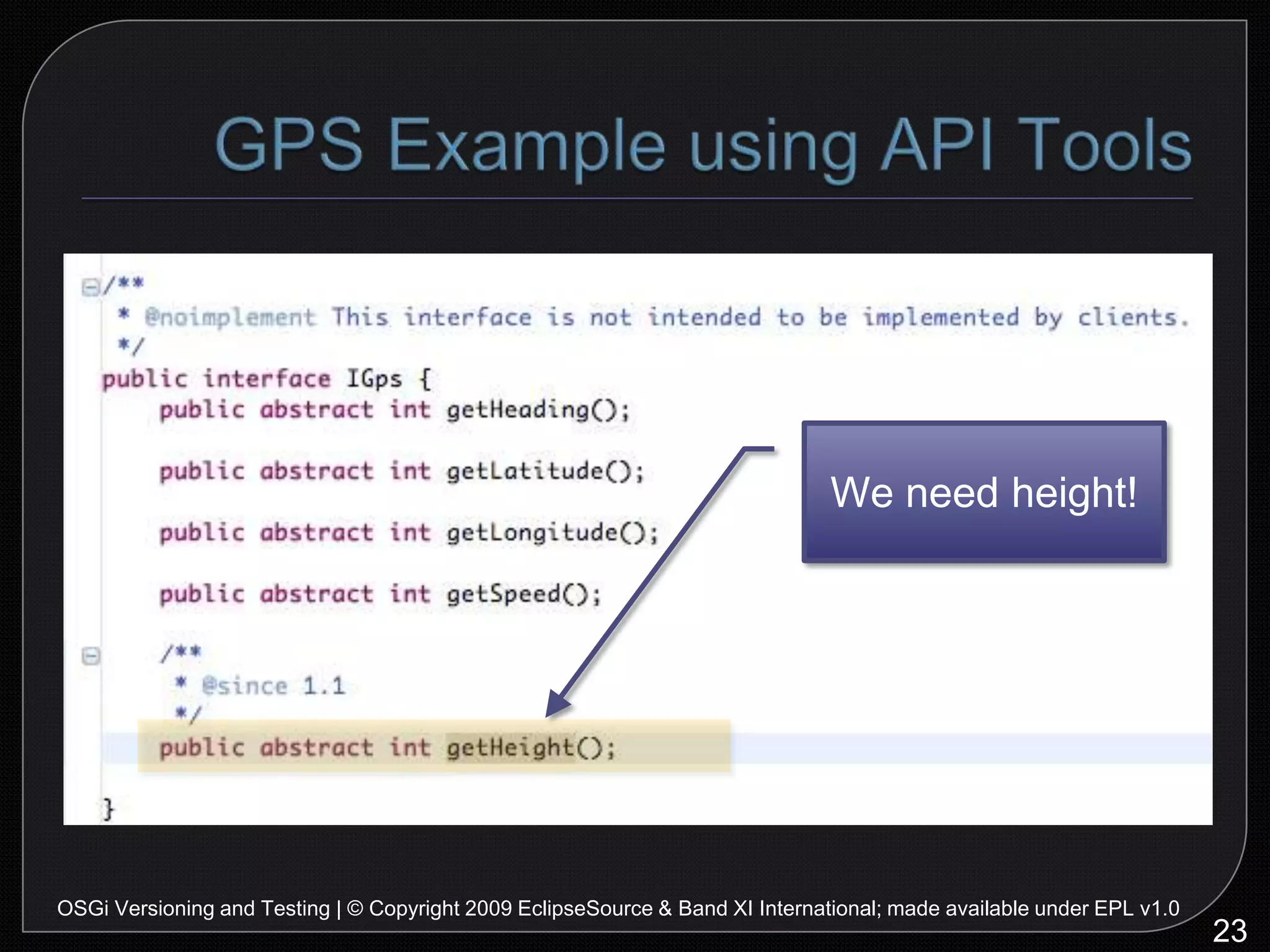 API Usage Report31OSGi Versioning and Testing | © Copyright 2009 EclipseSource & Band XI International; made available under EPL v1.0API Reference Details