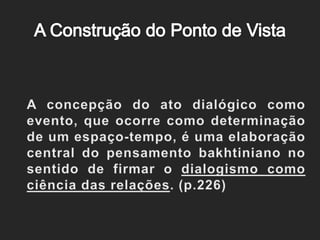A Construção do Ponto de VistaA concepção do ato dialógico como evento, que ocorre como determinação de um espaço-tempo, é uma elaboração central do pensamento bakhtiniano no sentido de firmar o dialogismo como ciência das relações. (p.226)