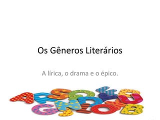 Os Gêneros Literários
A lírica, o drama e o épico.
 