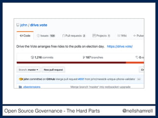 Open Source Governance - The Hard Parts @nellshamrell
 