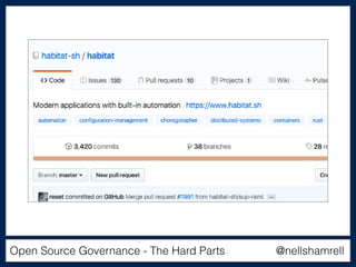 Open Source Governance - The Hard Parts @nellshamrell
 