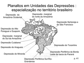 Planaltos em  Unidades das Depressões  :  espacialização no território brasileiro Depressão  da Amazônia Ocidental Depressão  marginal  do norte da Amazônia Depressão  marginal  do Sul da Amazônia Depressão do Araguaia Depressão Cuiabana Depressão Sertaneja e do São Francisco Depressão do Alto Paraguai e Guaporé Depressão do Miranda Depressão do Tocantins Depressão Periférica da Borda Leste da bacia do Paraná Depressão Periférica Sul-Rio-Grandense  p. 41 