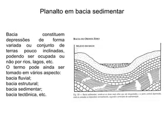 Planalto em bacia sedimentar Bacia constituem depressões de forma variada ou conjunto de terras pouco inclinadas, podendo ser ocupada ou não por rios, lagos, etc.  O termo pode ainda ser tomado em vários aspecto: bacia fluvial; bacia estrutural; bacia sedimentar; bacia tectônica, etc.  