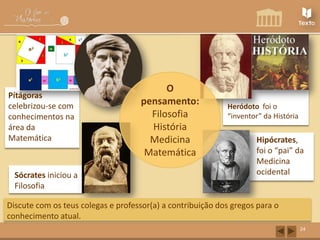 Pítágoras
celebrizou-se com
conhecimentos na
área da
Matemática

Sócrates iniciou a
Filosofia

O
pensamento:
Filosofia
História
Medicina
Matemática

Heródoto foi o
“inventor” da História

Hipócrates,
foi o “pai” da
Medicina
ocidental

Discute com os teus colegas e professor(a) a contribuição dos gregos para o
conhecimento atual.
24

 