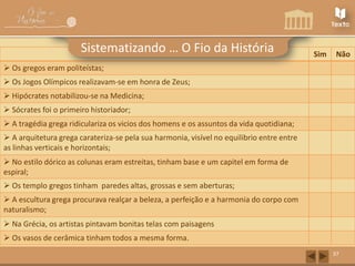 Sistematizando … O Fio da História

Sim

Não

 Os gregos eram politeístas;
 Os Jogos Olímpicos realizavam-se em honra de Zeus;
 Hipócrates notabilizou-se na Medicina;
 Sócrates foi o primeiro historiador;
 A tragédia grega ridiculariza os vicios dos homens e os assuntos da vida quotidiana;
 A arquitetura grega carateriza-se pela sua harmonia, visível no equilibrio entre entre
as linhas verticais e horizontais;
 No estilo dórico as colunas eram estreitas, tinham base e um capitel em forma de
espiral;
 Os templo gregos tinham paredes altas, grossas e sem aberturas;
 A escultura grega procurava realçar a beleza, a perfeição e a harmonia do corpo com
naturalismo;
 Na Grécia, os artistas pintavam bonitas telas com paisagens
 Os vasos de cerâmica tinham todos a mesma forma.
37

 