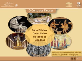 Culto Público: 
Dever Cívico 
de todos os 
Cidadãos 
18 
O Culto aos Deuses 
Identifica as diferentes formas de culto 
aos deuses, prestadas pelos gregos. 
 