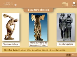 Discóbulo, Míron 
Atena ou Vitória de 
Samotrácia (Fídias?) 
Escultura egípcia 
30 
Escultura clássica 
Identifica duas diferenças entre a escultura egípcia e a escultura grega. 
 