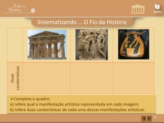 Duas 
caraterísticas 
35 
Sistematizando … O Fio da História 
Completa o quadro: 
a) refere qual a manifestação artística representada em cada imagem; 
b) refere duas caraterísticas de cada uma dessas manifestações artísticas. 
 
