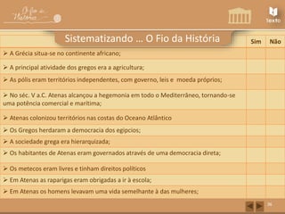Sim Não 
 A Grécia situa-se no continente africano; 
 A principal atividade dos gregos era a agricultura; 
 As pólis eram territórios independentes, com governo, leis e moeda próprios; 
 No séc. V a.C. Atenas alcançou a hegemonia em todo o Mediterrâneo, tornando-se 
uma potência comercial e marítima; 
 Atenas colonizou territórios nas costas do Oceano Atlântico 
 Os Gregos herdaram a democracia dos egipcios; 
 A sociedade grega era hierarquizada; 
 Os habitantes de Atenas eram governados através de uma democracia direta; 
 Os metecos eram livres e tinham direitos políticos 
 Em Atenas as raparigas eram obrigadas a ir à escola; 
 Em Atenas os homens levavam uma vida semelhante à das mulheres; 
36 
Sistematizando … O Fio da História 
 