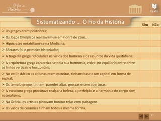 Sim Não 
 Os gregos eram politeístas; 
 Os Jogos Olímpicos realizavam-se em honra de Zeus; 
 Hipócrates notabilizou-se na Medicina; 
 Sócrates foi o primeiro historiador; 
 A tragédia grega ridiculariza os vicios dos homens e os assuntos da vida quotidiana; 
 A arquitetura grega carateriza-se pela sua harmonia, visível no equilibrio entre entre 
as linhas verticais e horizontais; 
 No estilo dórico as colunas eram estreitas, tinham base e um capitel em forma de 
espiral; 
 Os templo gregos tinham paredes altas, grossas e sem aberturas; 
 A escultura grega procurava realçar a beleza, a perfeição e a harmonia do corpo com 
naturalismo; 
 Na Grécia, os artistas pintavam bonitas telas com paisagens 
 Os vasos de cerâmica tinham todos a mesma forma. 
37 
Sistematizando … O Fio da História 
