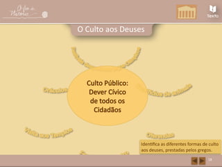 Culto Público:
Dever Cívico
de todos os
Cidadãos
18
O Culto aos Deuses
Identifica as diferentes formas de culto
aos deuses, prestadas pelos gregos.
 