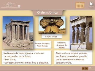 Templo de Atena
Niké, Atenas
No templo da ordem jónica, a coluna:
• é decorada com volutas;
• tem base;
• apresenta um fuste mais fino e elegante.
Galeria de cariátides, colunas
em forma de mulher que são
uma alternativa às colunas
convencionais.
Coluna jónica
28
Ordem Jónica
Erecteion,
Acrópole de
Atenas
 