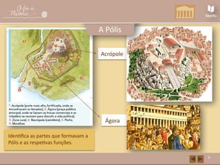 Acrópole
Ágora
9
A Pólis
Identifica as partes que formavam a
Pólis e as respetivas funções.
 