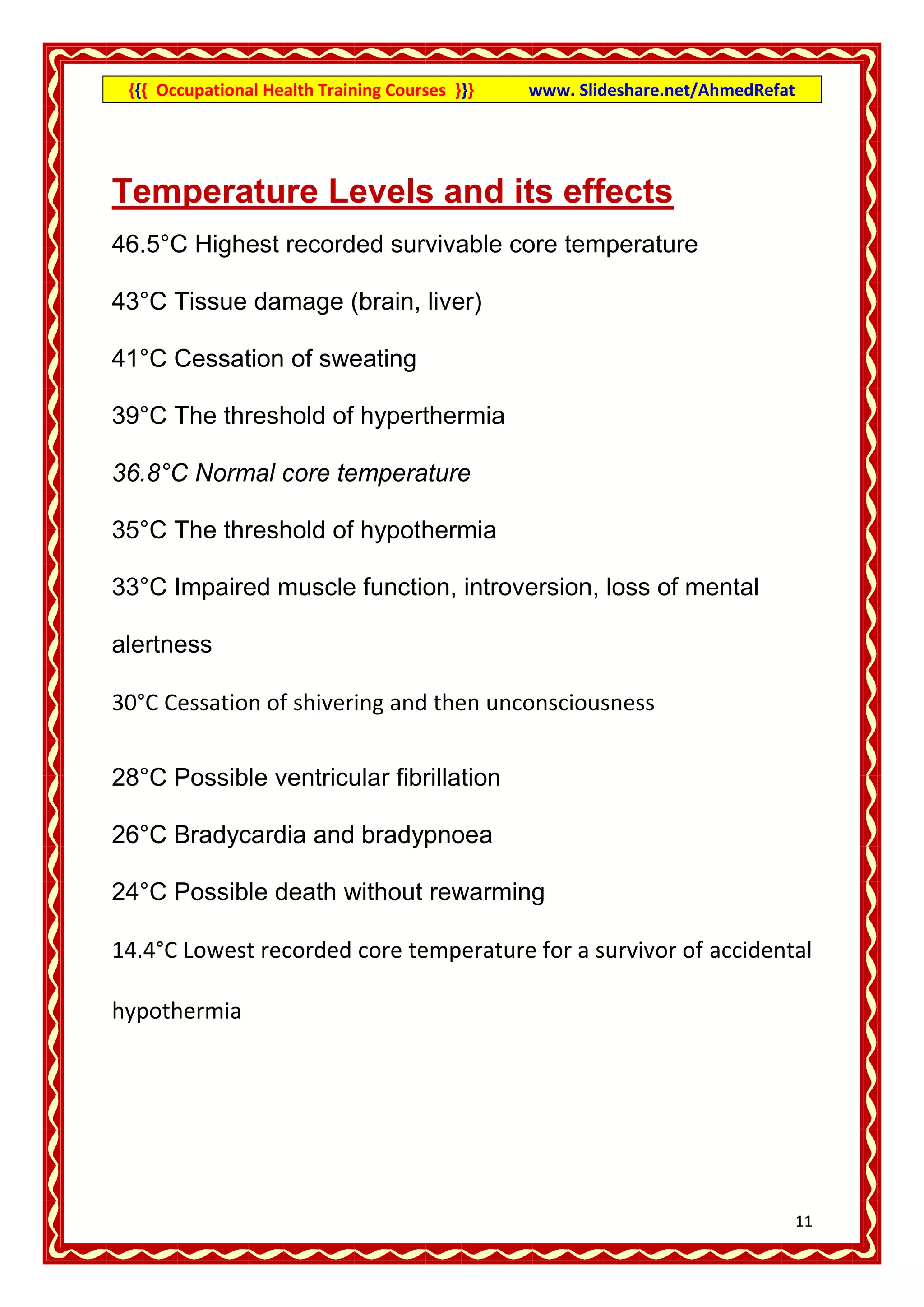 {{{ Occupational Health Training Courses }}}   www. Slideshare.net/AhmedRefat




Temperature Levels and its effects
46.5°C Highest recorded survivable core temperature

43°C Tissue damage (brain, liver)

41°C Cessation of sweating

39°C The threshold of hyperthermia

36.8°C Normal core temperature

35°C The threshold of hypothermia

33°C Impaired muscle function, introversion, loss of mental

alertness

30°C Cessation of shivering and then unconsciousness


28°C Possible ventricular fibrillation

26°C Bradycardia and bradypnoea

24°C Possible death without rewarming

14.4°C Lowest recorded core temperature for a survivor of accidental

hypothermia




                                                                                 11
 