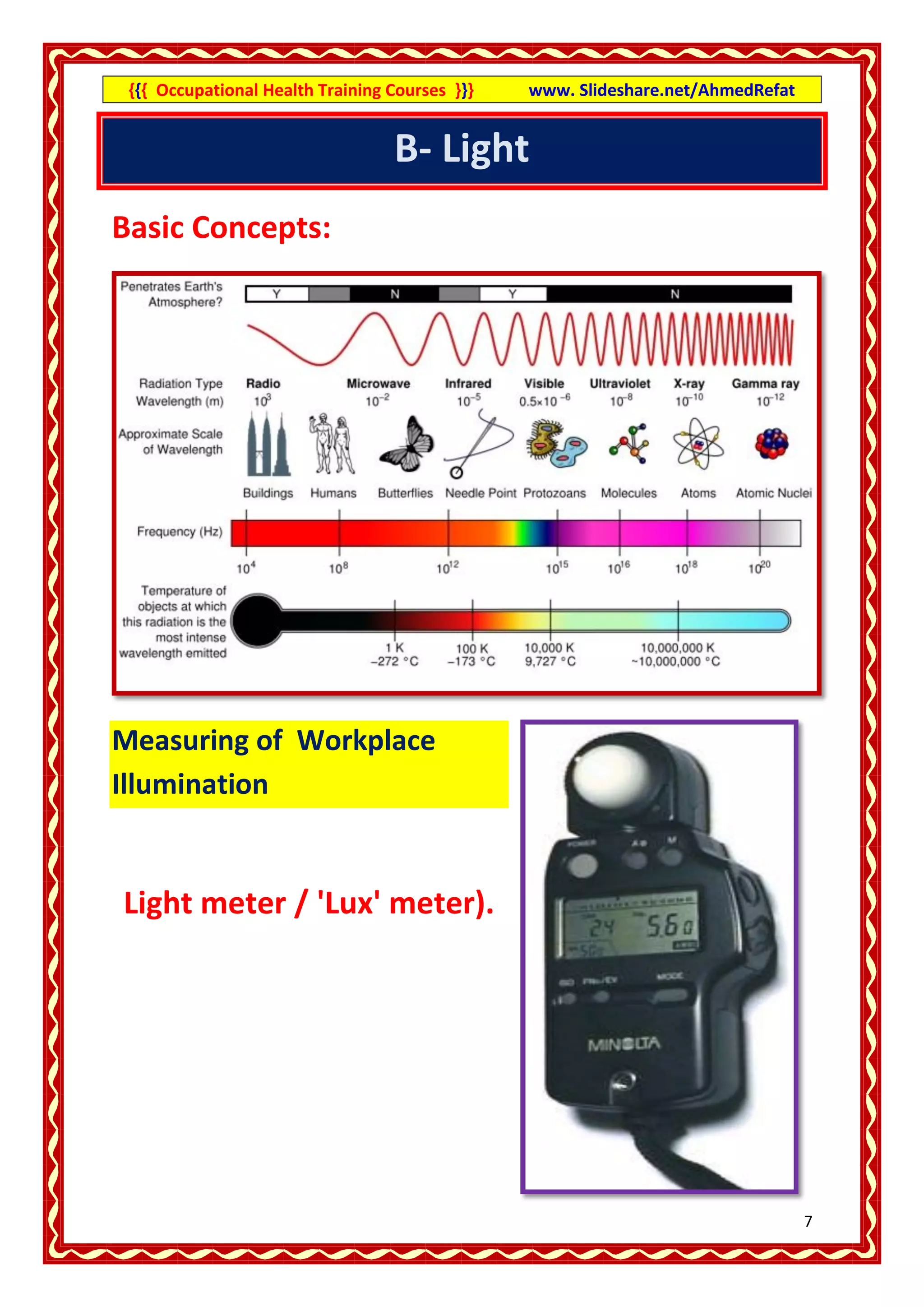{{{ Occupational Health Training Courses }}}   www. Slideshare.net/AhmedRefat


                                  B- Light
Basic Concepts:




Measuring of Workplace
Illumination


Light meter / 'Lux' meter).




                                                                                 7
 