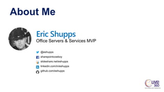 About Me
Eric Shupps
Office Servers & Services MVP
@eshupps
sharepointcowboy
slideshare.net/eshupps
linkedin.com/in/eshupp...