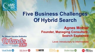 Five Business Challenges
Of Hybrid Search
Agnes Molnar
Founder, Managing Consultant,
Search Explained
Level: Introductory to Intermediate
 