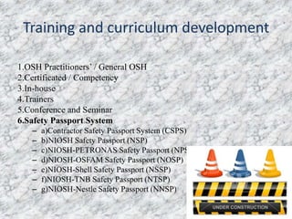 Training and curriculum development

1.OSH Practitioners’ / General OSH
2.Certificated / Competency
3.In-house
4.Trainers
5.Conference and Seminar
6.Safety Passport System
   –   a)Contractor Safety Passport System (CSPS)
   –   b)NIOSH Safety Passport (NSP)
   –   c)NIOSH-PETRONAS Safety Passport (NPSP)
   –   d)NIOSH-OSFAM Safety Passport (NOSP)
   –   e)NIOSH-Shell Safety Passport (NSSP)
   –   f)NIOSH-TNB Safety Passport (NTSP)
   –   g)NIOSH-Nestle Safety Passport (NNSP)
 